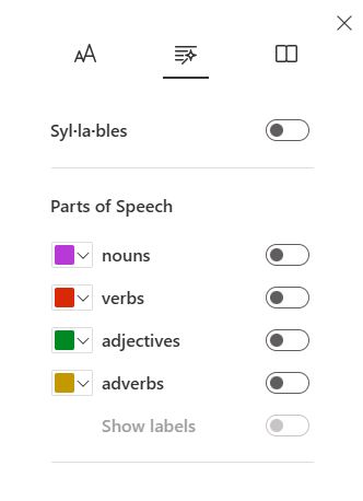 Immersive reader grammar menu, with options to show syllables and to color-code nouns, verbs, adjectives and adverbs.