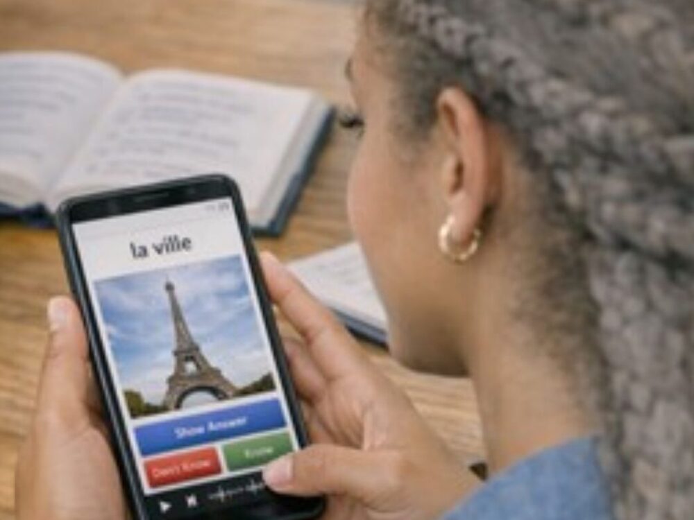 Student using mobile phone to study using digital flashcards app.