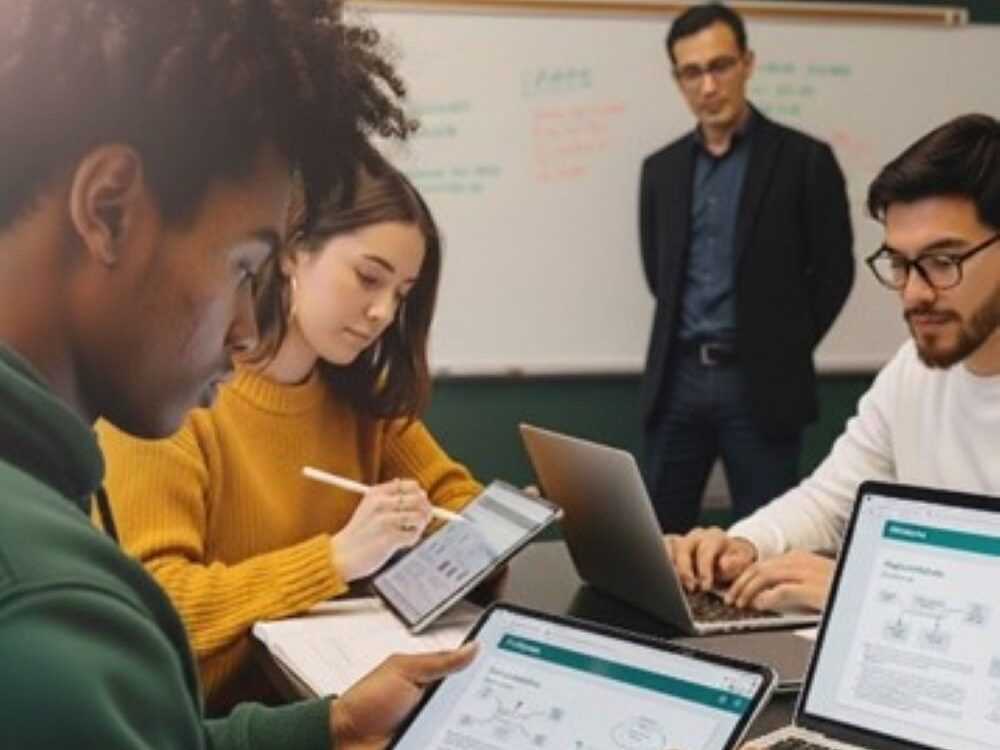 Students working in a group with ipads and laptops. Instructor watching in background.