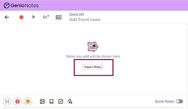 The import slides button is in the middle of the New Event page