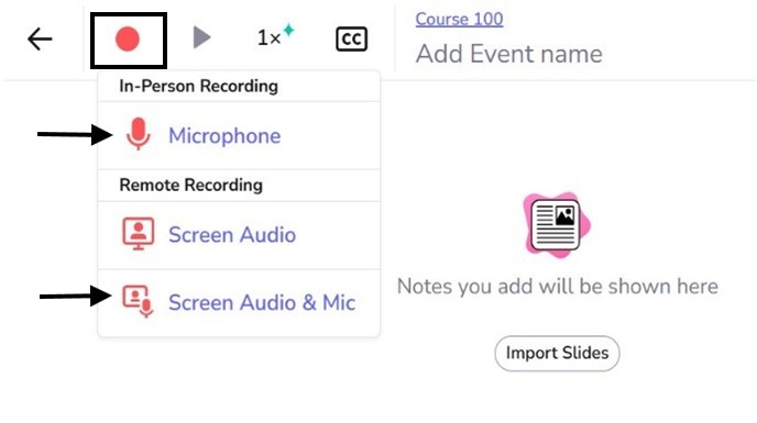 Microphone selections in the Recording Options menu
