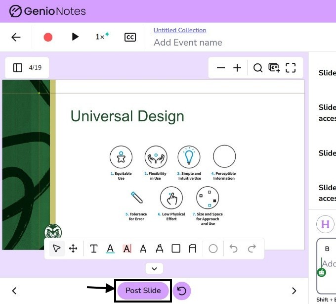 The post slide button at the bottom of the page for keeping the slides and notes in sync with audio.