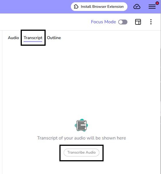 Transcript tab showing the Transcribe Audio button.