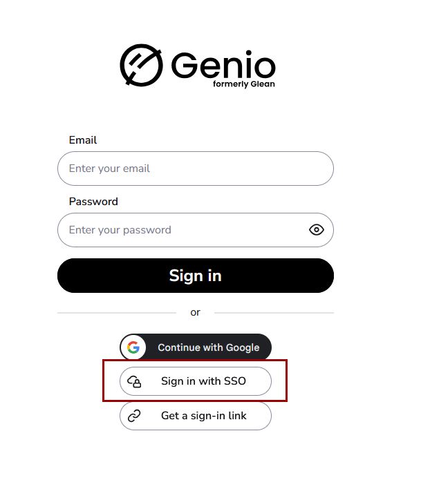 Genio login screen. Select Sign in with SSO.