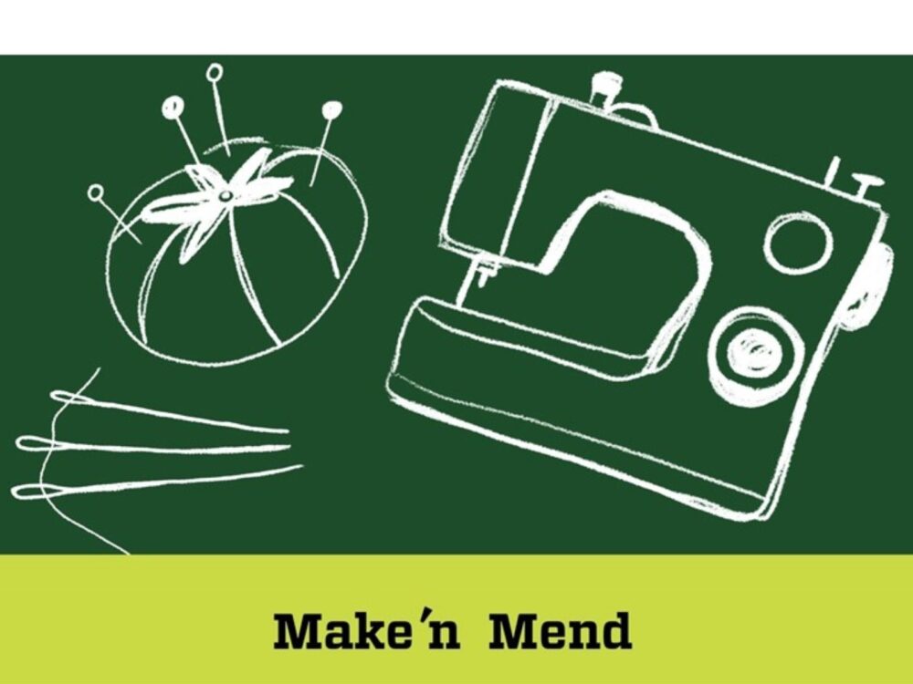 Make 'n Mend with a sewing machine and needles outlined in white with a green background