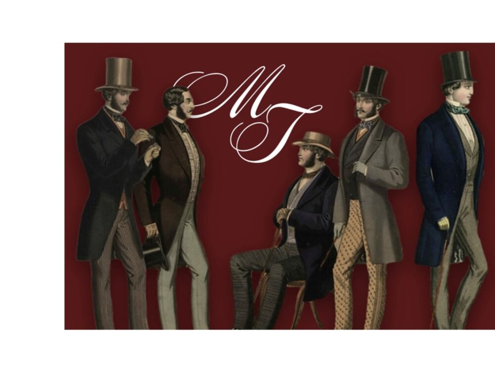 a red background with five men in suits and tophats with the letters M J in the background