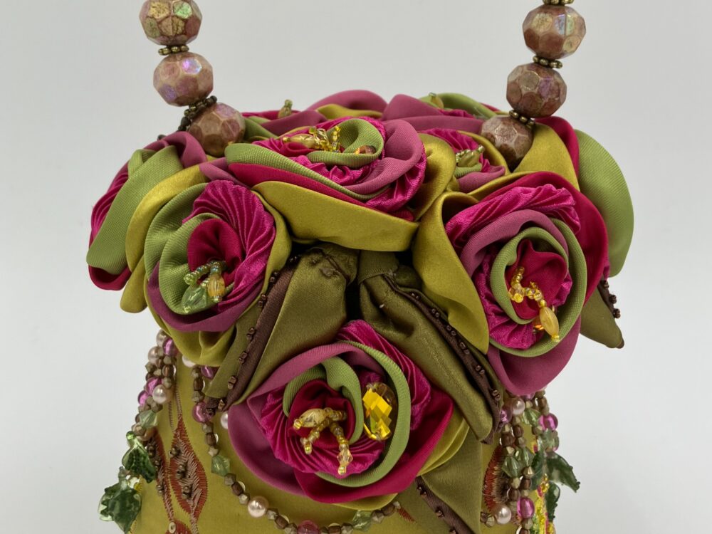 structured florals made from fabric to create a purse
