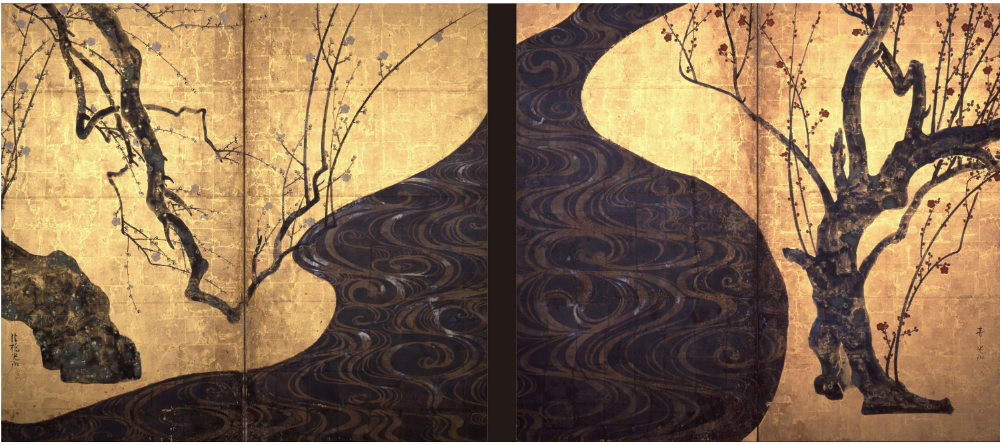 Red and White Plum Blossoms, Ogata Kōrin (1658–1716), early 18th century, MOA Museum of Art. The artwork has trees lining each side of a meandering river.