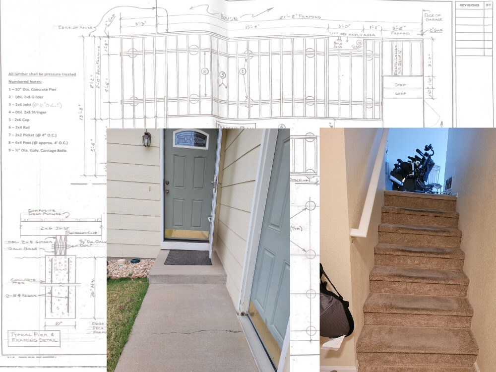 Deck plans with photo of entry to home and inside stairs over the plans