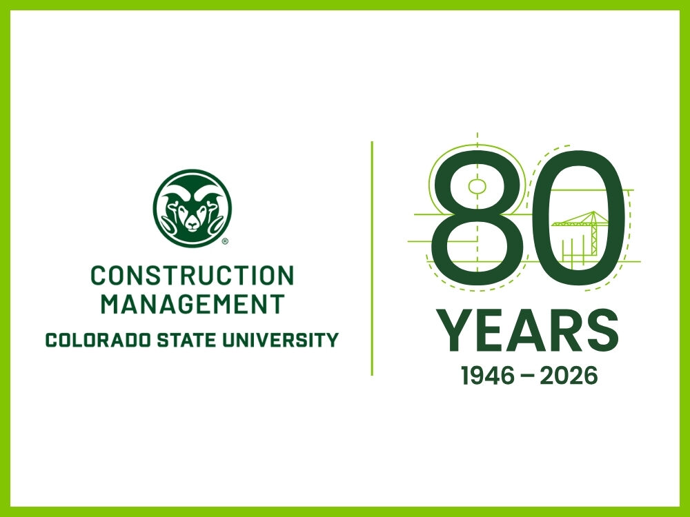 Graphic featuring CSU's Department of Construction Management logo with the Ram's Head symbol next to a graphic that reads `80 years, 1946-2026`