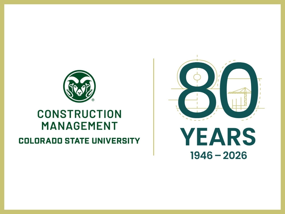 Graphic featuring CSU's Department of Construction Management logo with the Ram's Head symbol next to a graphic that reads `80 years, 1946-2026`