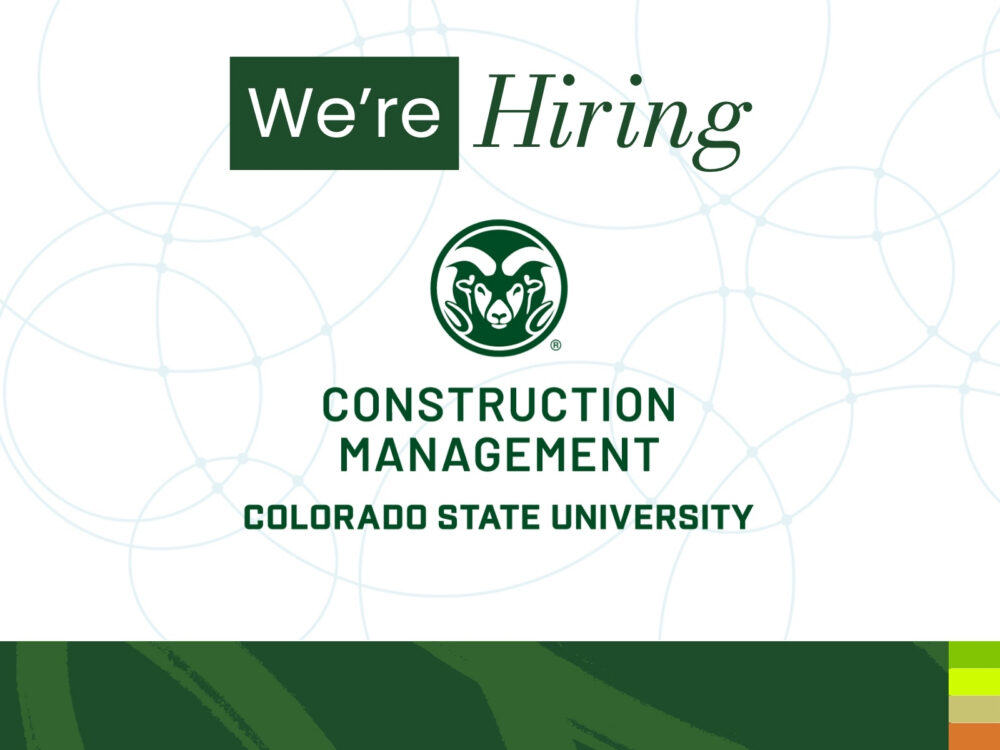 A graphic that reads `We're Hiring` with the Construction Management logo featuring the Ram's Head symbol.
