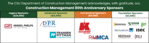 A table that displays CSU Construction Management 80th anniversary sponsors, including Hensel Phelps Construction, DPR Construction, Fransen Pittman Construction, Kraemer, RMMCA, Brinkman Construction, Dohn Construction, FCI Construction, HPM, Neenan Architecture, Swinerton, and ISEC