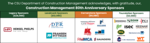 A table that displays CSU Construction Management 80th anniversary sponsors, including Hensel Phelps Construction, DPR Construction, Fransen Pittman Construction, Kraemer, RMMCA, Brinkman Construction, Dohn Construction, FCI Construction, HPM, Neenan Architecture, Swinerton, PCL Construction, Hillside Construction Inc., Mortenson, Whiting-Turner, U.S. Engineering, and ISEC