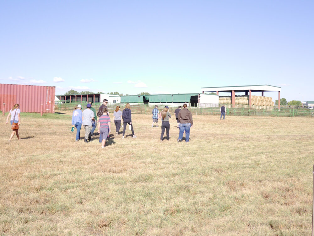 Ram Scholars stand out in a field with farm buildings and hay bales in the distance