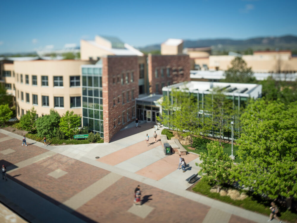 An aerial view of the CSU Morgan Library on a summer day.