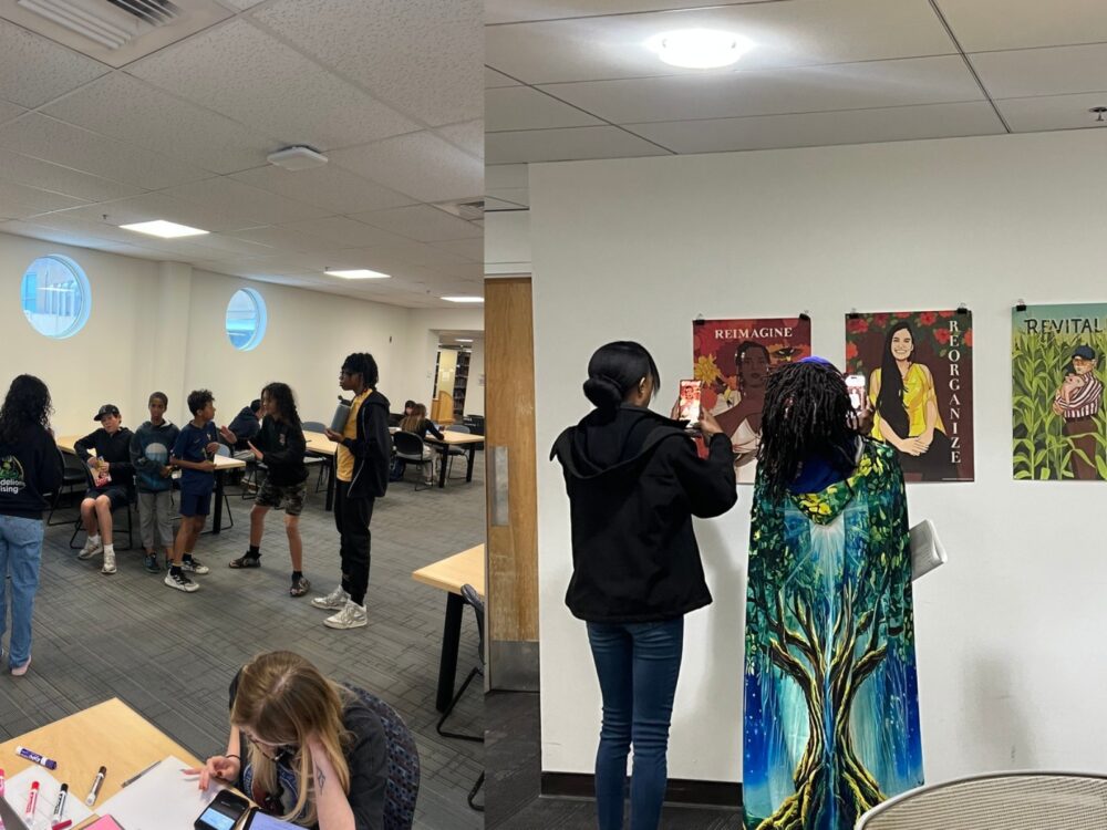 A collage consisting of two images featuring Dandelions Rising participants on a scavenger hunt in the CSU Morgan Library.