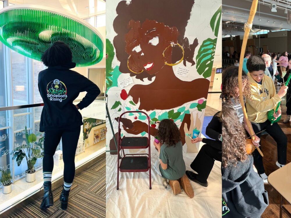 A collage of Dandelions Rising parents and children participating in arts and crafts activities for Martin Luther King Jr. Day.