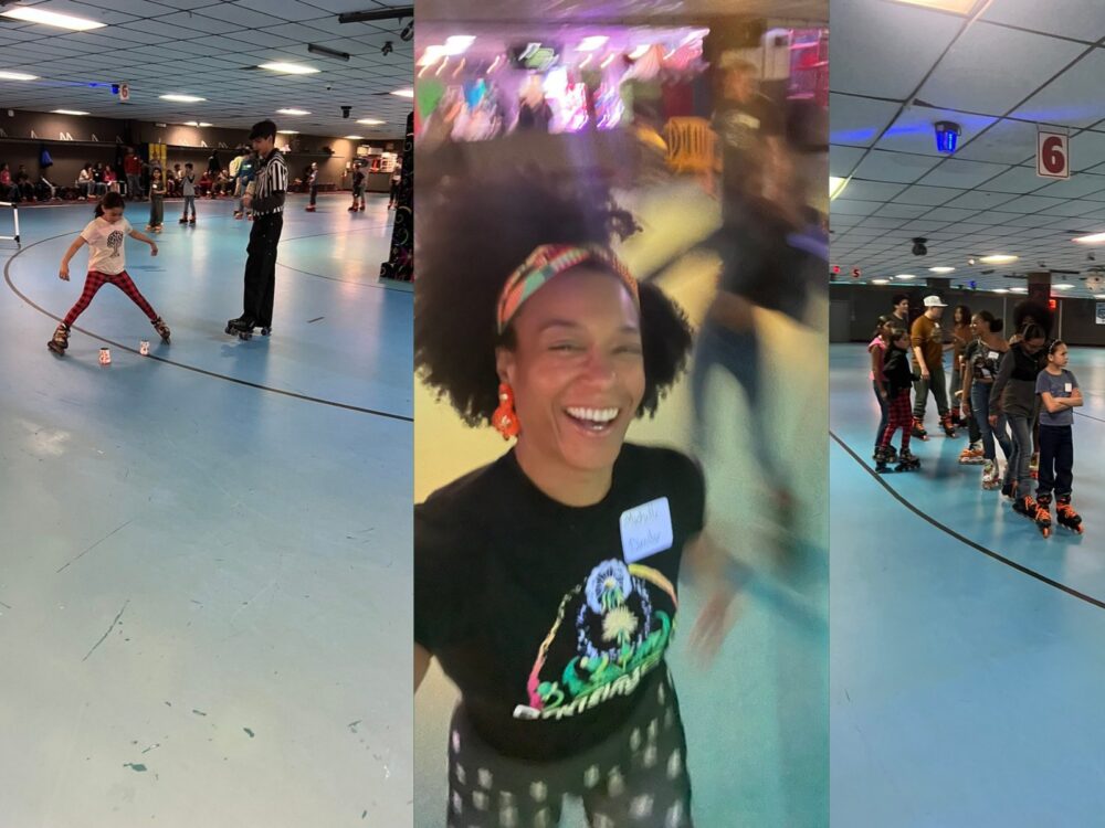 A collage of Dandelions Rising families smiling while roller skating at Rollerland in Fort Collins.