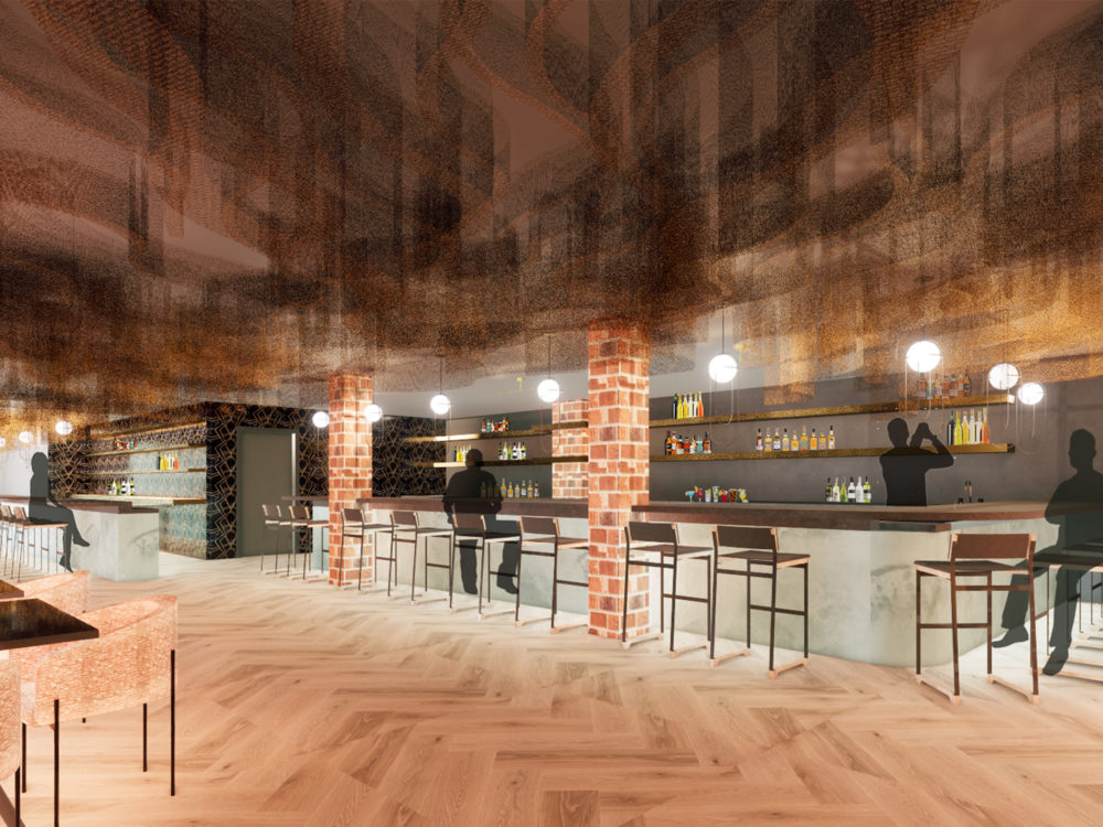 Basement - Bitters & Wells Tailor Shop with Mesh Layered Ceiling Installation by Emily Hanson