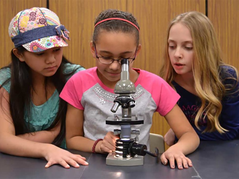3 girls around a microscope for Fashion FUNdamentals