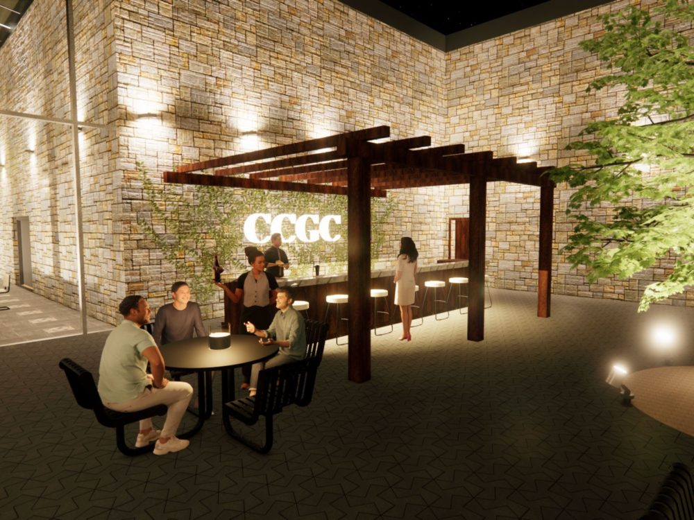 crom Castle Golf Club reception area and bar with pergola and stone walls.