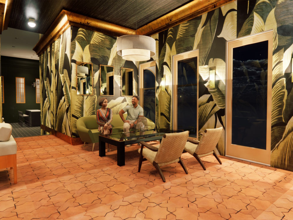 780 South Ocean Boulevard community space welcome area with banana leaf wall paper.