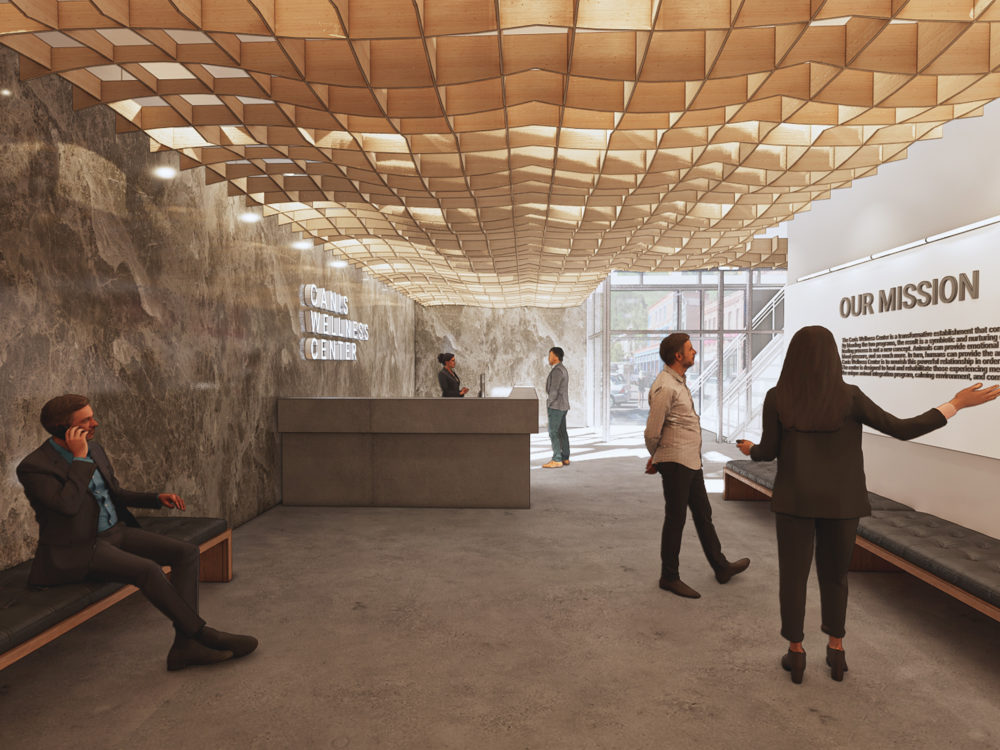 The Canis Wellness Center hybrid institution welcome area displaying a mission, grid-wooden ceiling, reception desk and seating area.
