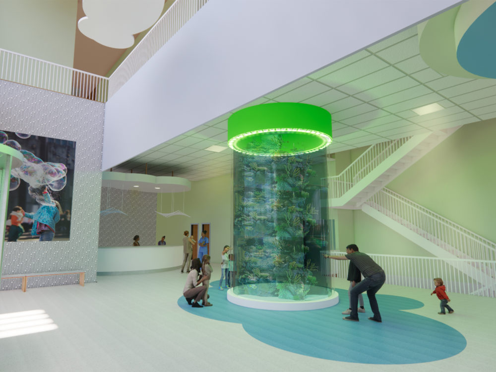Wavelength Therapy autism therapy center for children reception area with aquarium.