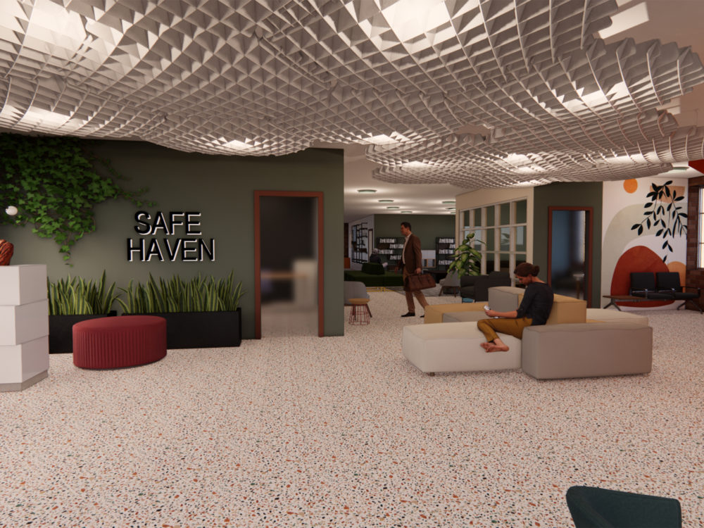 Safe Haven community center and integrated housing for the homeless reception area with seating area, welcome desk and accent walls.