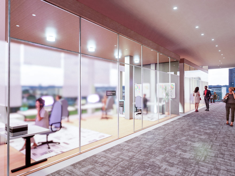 LUCID is a work environment and collaboration space with glass walls and walkways.