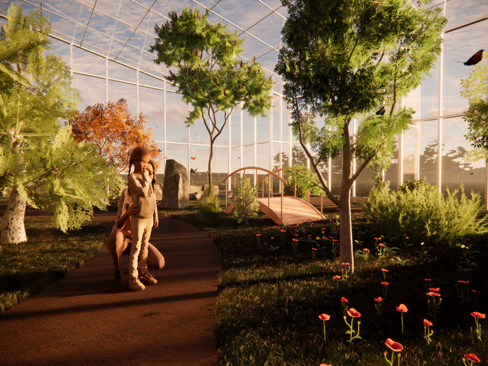 Greenhouse with trees, plants, walkways and bridges.