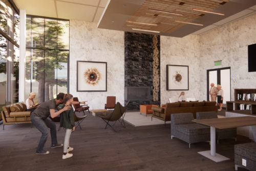 Rendering of lobby space with several seating areas, art hanging on the walls, and a fireplace space.