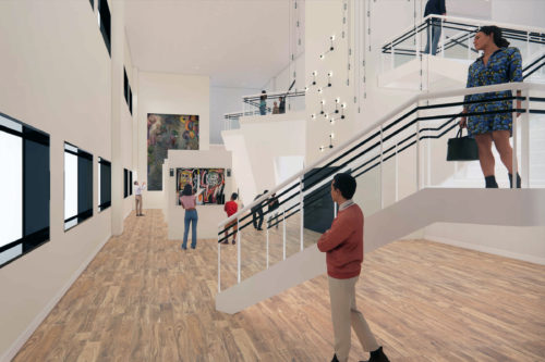 Rendering of art space that showcases a staircase, people looking down on the space from the second floor, and colorful abstract art hanging on the walls.
