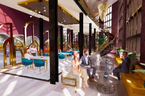 Rendering of seating area with many gold trips and accents and a view to the upstairs space.