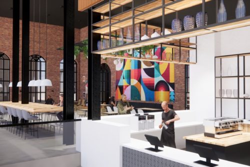Rendering of cafe space with a counter for ordering, large community tables, brick walls, and decorative color and shape art pieces