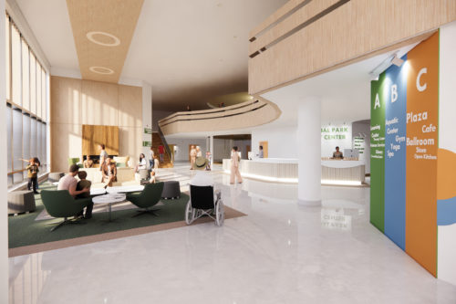 Rendering of open lobby area with front desk, seating area, large staircase, and color-coded directions to ballrooms, gyms, cafes, etc. throughout the rest of the building