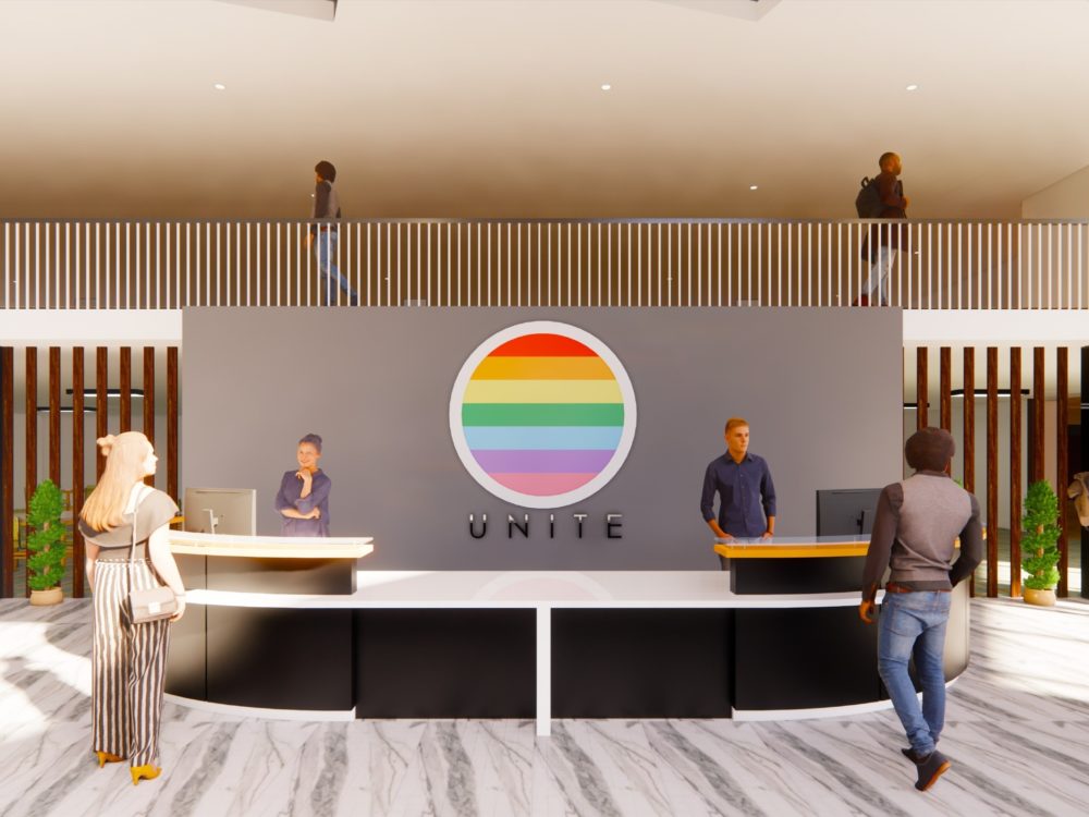Jeremy Johnston rendering of front desk with pride colors in a circle on the back wall