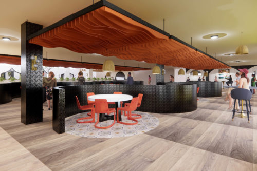 Rendering of dining area with circular tables, bar-top tables, and a counter serving space.