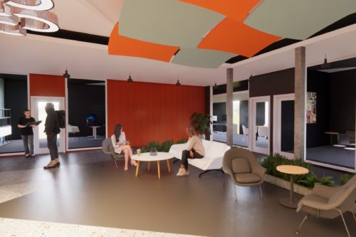 Rendering of an open lobby space with seating area and enclosed office spaces with glass doors and walls surround the open space