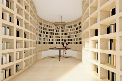 Rendering of a library space with curving floor to ceiling bookshelves and a circular seating area