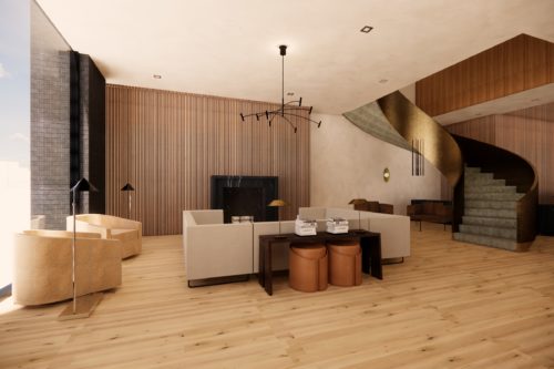 Rendering of lobby area with wood floors, large fireplace, white seating areas, and large spiral staircase with golden siding