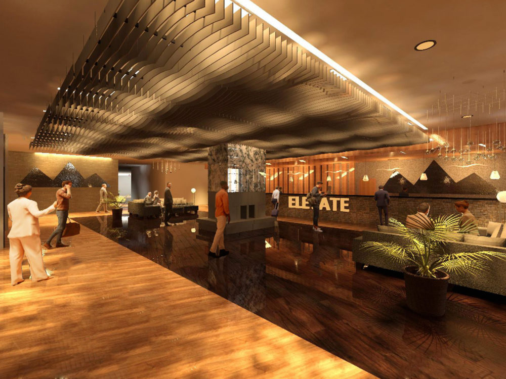 Tailor Sanchez Rendering of lobby with front desk and fireplace