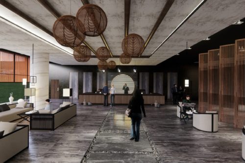 Rendering of Receptions space with sitting area and spherical lighting structures