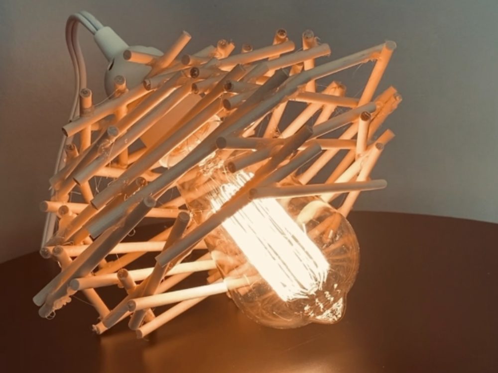 A student's lighting project features wooden dowels creating a structure around a light bulb