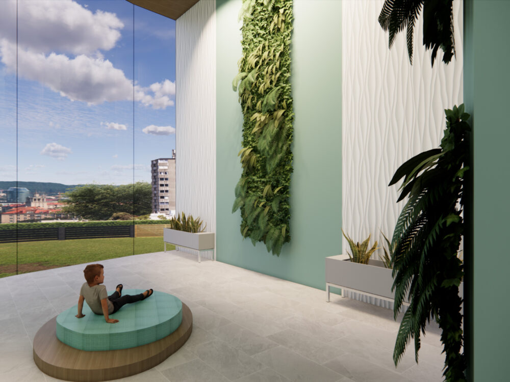 A digitally rendered image of a child sitting on a center piece looking at a wall of greenery