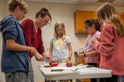 a group of students learn from an instructor cutting vegetables