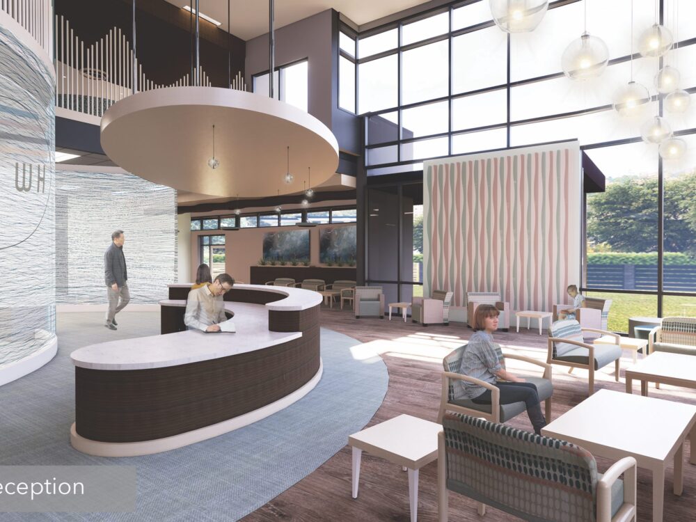 a digital rendering of a lobby with a front desk area facing a room of chairs and floor to ceiling windows.