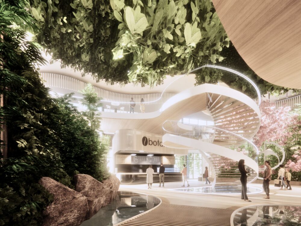 digital rendering of open atrium space with water and greenery and a large spiral staircase by Jimmy Day