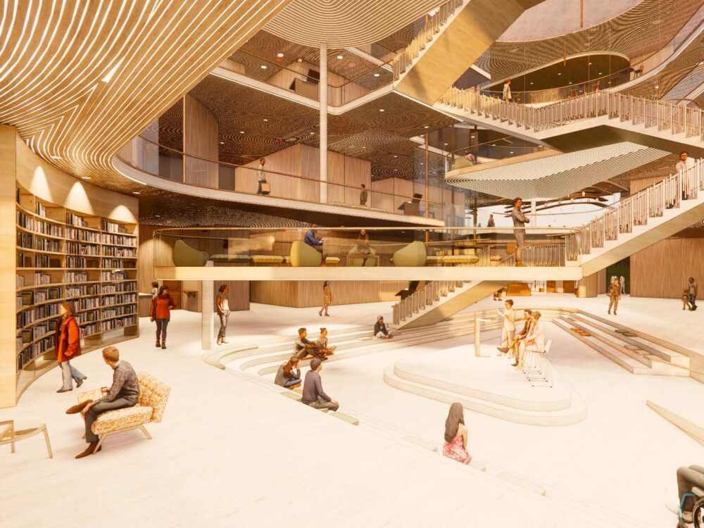 digital rendering of open atrium space with many staircases and bookshelves by Victoria McMillan.